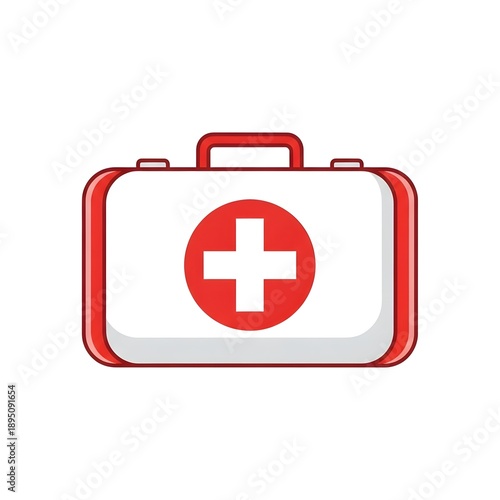 A red and white first aid kit with a cross symbol