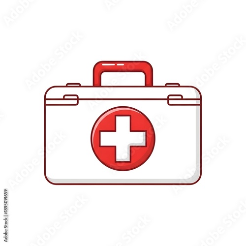 A red and white first aid kit with a handle and cross symbol