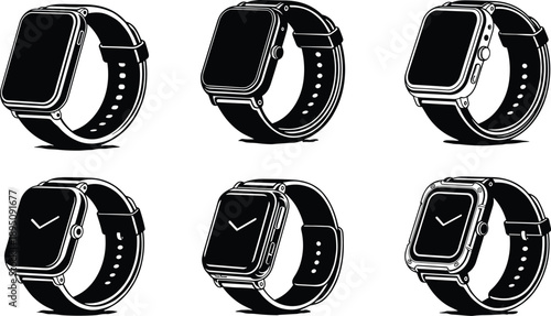 Six different smartwatch silhouette vector illustration, modern wearable device design, black and white digital watch, minimalist technology concept art