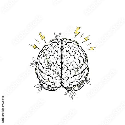 A detailed illustration of a brain with lightning bolts and leaves