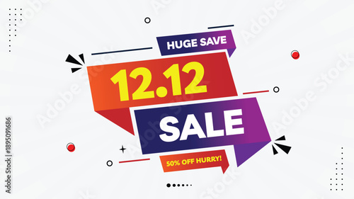 12.12 Sale Banner Template – 50% Off Huge Savings, Hurry Up Promotion, Yellow Purple Red Gradient Background with Modern Shape Elements Basic RGB