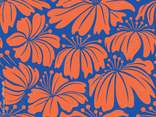 Hand drawn seamless pattern with beautiful tropical flowers. Vector illustration, duotone retro style. Can be used for embroidering flowers, wallpaper, packaging etc.