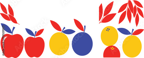 Colorful flat fruit illustration set with apples and lemons, modern minimal vector design for branding, packaging, posters, and web