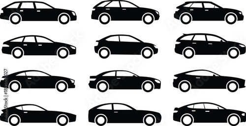 Cartoon silhouette icon set of twelve car models in side view showcasing sedan, SUV, coupe, and hatchback body styles.