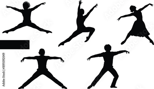 Black dancer silhouette collection showing dynamic ballet and modern dance poses isolated on white background for art design, fitness, performance concepts