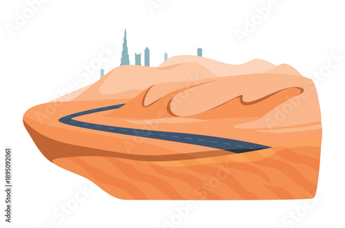 Modern Dubai skyline with iconic skyscrapers rises behind winding desert road and sand dunes, capturing urban and natural contrast, isolated on white background vector illustration