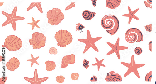 Coral seashell and starfish pattern set, marine ocean cartoon vector illustration seamless summer beach background