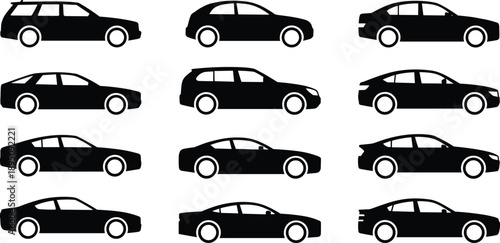 Cartoon silhouette icon set of twelve car profiles in side view showcasing sedan, hatchback, SUV, and coupe body styles.