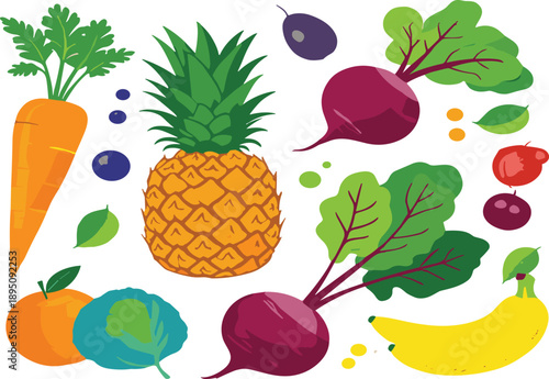 Colorful fruits and vegetables set, healthy food flat vector illustration isolated on white background