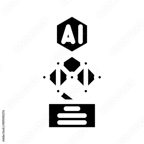 Artificial intelligence icon featuring a hexagonal ai symbol above a connected network of nodes and a data processing block, illustrating technological innovation