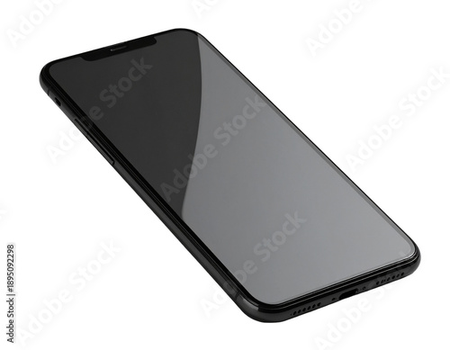 Sleek dark smartphone with a large, reflective screen on black