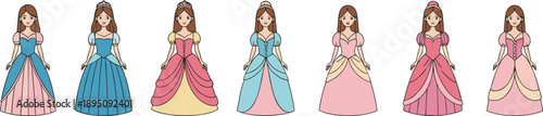 Cute Cartoon Princess Character Vector Set With Multiple Dress Variations Fairy Tale Royal Girl Fashion Illustration Collection