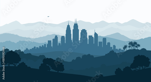 Minimalist vector illustration of a city skyline nestled between rolling hills and distant mountains, evoking a sense of peace and urban harmony