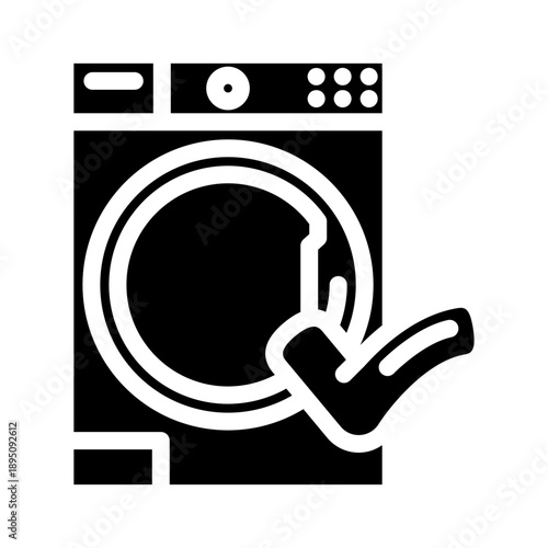 Washing machine icon with checkmark indicating a completed laundry cycle, symbolizing clean, efficient household chores and successful laundry service or home appliance operation