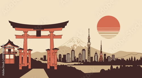 Iconic Japanese Landmarks and Skyline Vector Illustration with Mount Fuji and Torii Gate