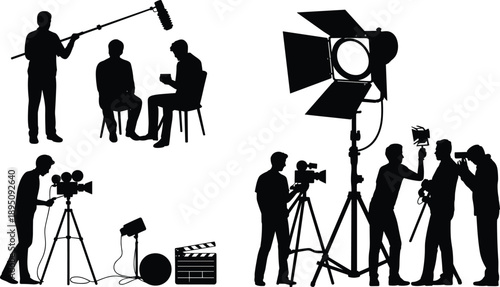 Cartoon silhouette illustration of film production crew with cameras, boom mic, clapperboard, studio lights, and interview setup.
