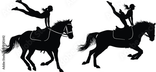 Equestrian vaulting silhouette collection showing acrobat performing gymnastics on moving horse isolated on white background for sport, circus, and training design use