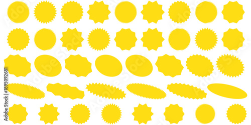 Set of red starburst, sunburst badges, Sale sticker, price tag, starburst icon set , Circle sticker set. Wavy edge promo red badges. Star burst shape tags for price. Red sale tag