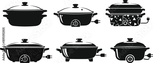 Six different electric cooking pot silhouette vector illustration, modern kitchen appliance design, slow cooker and electric cookware collection