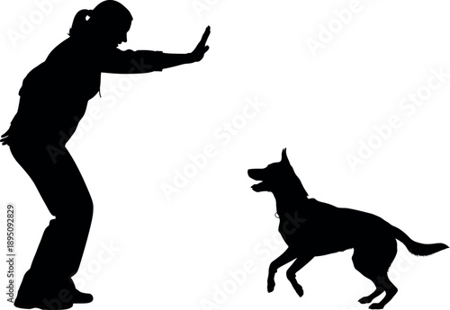 Silhouette of Woman Training German Shepherd Dog (Canis lupus familiaris) | Obedience Hand Signal Command