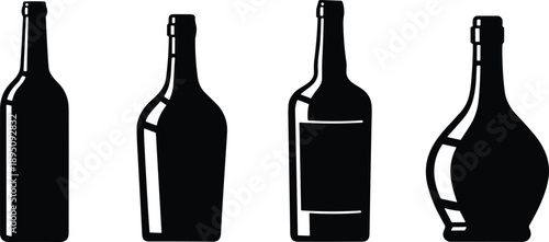 Set of four black wine and liquor bottle silhouettes with various shapes including Bordeaux Burgundy and carafe styles isolated on a white background
