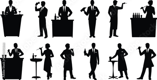 Set of 12 bartender and server silhouettes with trays, bottles, and shakers, ideal for hospitality, bar service, and restaurant themes.