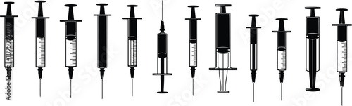 Set of Medical Syringe Silhouettes with Needles and Measurement Scales for Vaccination Healthcare Injection Treatment and Clinical Research Vector Illustration Isolated on White