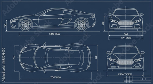 Blueprint of a modern sports car showing design and dimensions.