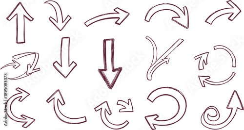 Collection of hand drawn arrow icons and directional symbols in black and white