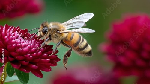Bee pollinating a red flower, vibrant spring colors, natural outdoor light, environmental conservation stock photo