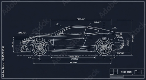 Blueprint of a Modern Sports Car Side View Technical Drawing.