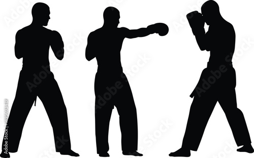 Silhouette of Male Martial Artist Training Karate and Kickboxing Moves Including Guard Stance Jab Punch and Defensive Blocking Position Isolated on White Background