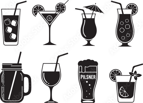 Minimalist Summer Drink Icons Set with Cocktails Beer and Refreshing Beverages