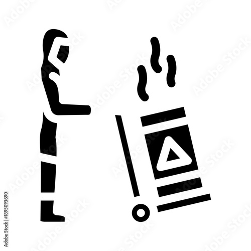 Person wearing a protective hazmat suit moving a barrel cart, transporting highly dangerous toxic waste emitting smoke, symbolizing pollution and environmental risk