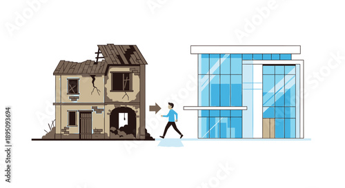 Businessman moving from old house to modern office building