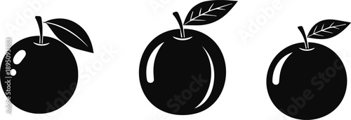 Vector silhouette collection of fresh apple or orange fruits with leaves isolated on white background for organic food, healthy lifestyle, and grocery branding.