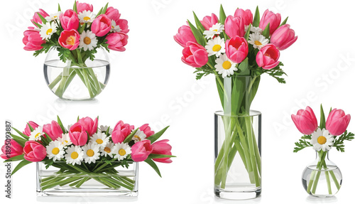 Vibrant pink tulips and delicate white daisies arranged beautifully in various clear glass vases on a clean white background