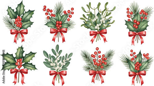 Watercolor Christmas Bouquets Featuring Festive Holly, Mistletoe, and Pine Branches Adorned with Vibrant Red Bows, Perfect for Holiday Designs.