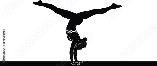 Silhouette of female gymnast performing handstand split balance on beam, minimalist black and white illustration representing strength, flexibility, balance, fitness training, and athletic discipline