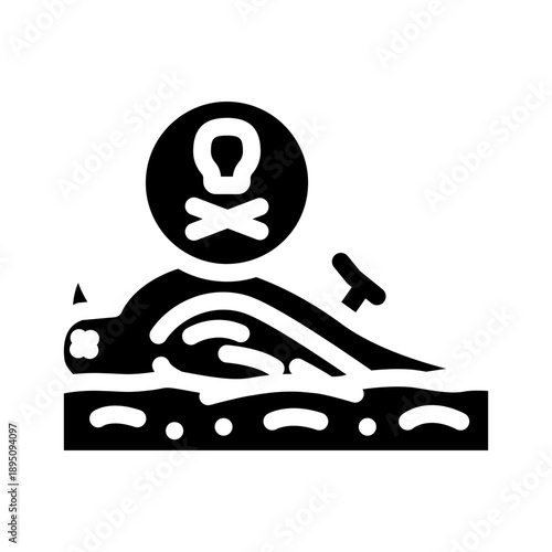 Dead aquatic animal lying on polluted ground, with a skull and crossbones icon overhead, symbolizing environmental hazard, toxicity, and ecological damage caused by contamination