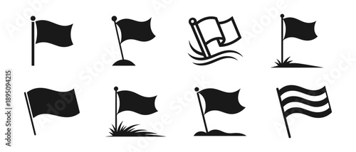 Collection of Eight Black Flag Icons Symbolizing Different Waving, Flying, and Grounded Scenarios