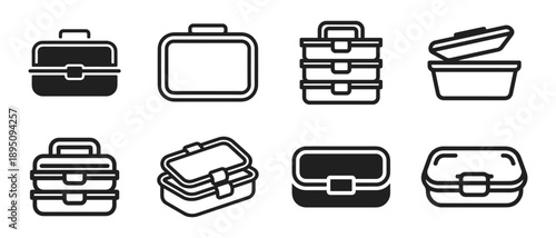 Collection of eight vector icons representing various lunch box and container designs, suitable for graphic design and food-related projects.