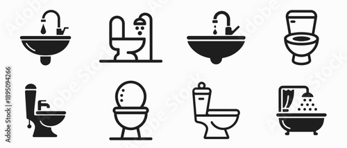 A collection of eight black and white vector icons representing various bathroom fixtures, including sinks, toilets, and a shower.