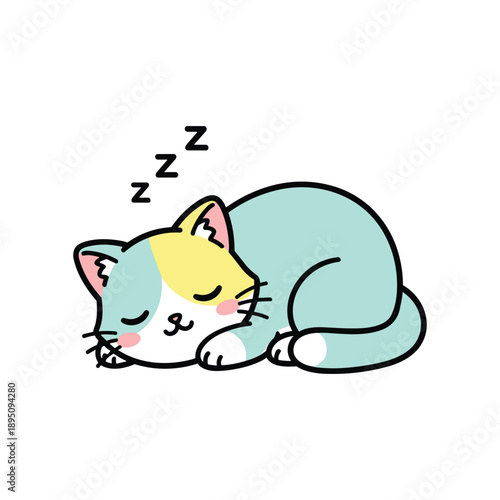 Cute cartoon cat sleeping peacefully with dream bubbles on light blue background