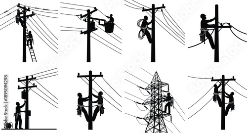 Silhouette illustration of electrical linemen working on utility poles, repairing power lines, climbing towers, performing maintenance and safety tasks, vector design
