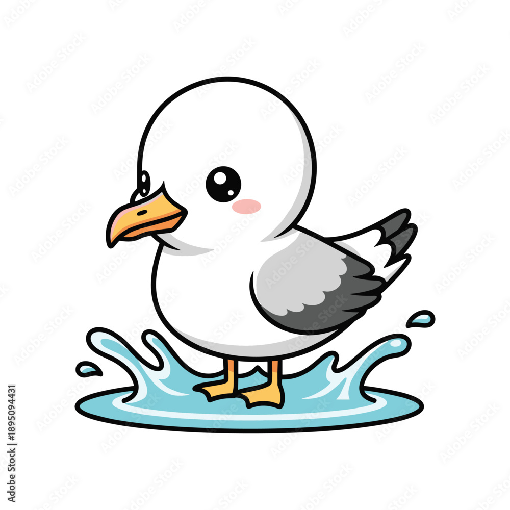 Obraz premium Adorable Cartoon Seagull Standing in Water Splash Illustration
