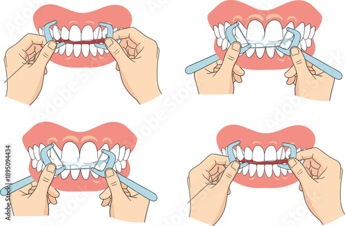 Dental flossing technique steps illustration, oral hygiene teeth care cartoon vector guide isolated on white background
