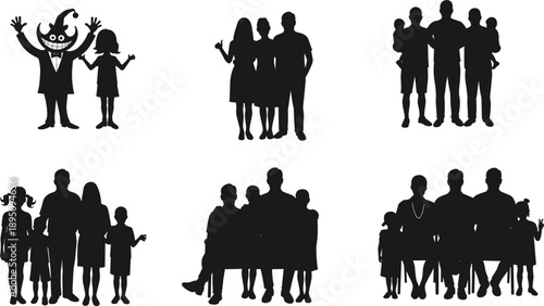 Silhouette family groups, diverse generations, parents and children together, abstract people figures, happy families concept, unity, relationship, love, community, togetherness illustration