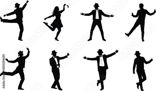 Silhouette dancers in dynamic poses, black and white dance illustration, formal attire, expressive movement, artistic rhythm, performance, celebration, retro style