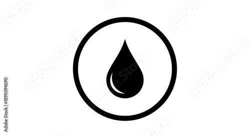 Minimalist black and white icon featuring a single teardrop or liquid droplet centrally positioned within a bold circular border graphic element.
